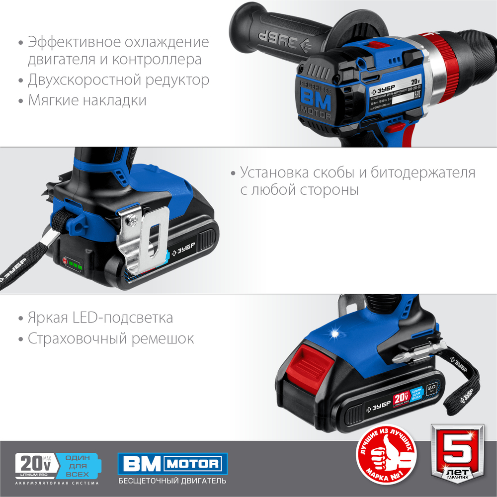 Дрель-шуруповерт 20V Зубр Profi ударная б/щ 70Нм 2АКБ 2Ач и ЗУ кейс