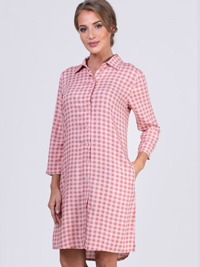 Короткое платье-рубашка в клеточку (Размер: L) (Цвет: розовый)