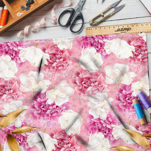 Ткань бифлекс воздушные нежные цветы на розовом фоне