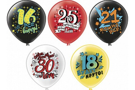 Шар12"" шелк рис. 1ст. 2цв. С днем рождения! Круглые даты 5 дизайнов (25 шт./уп.) /БК