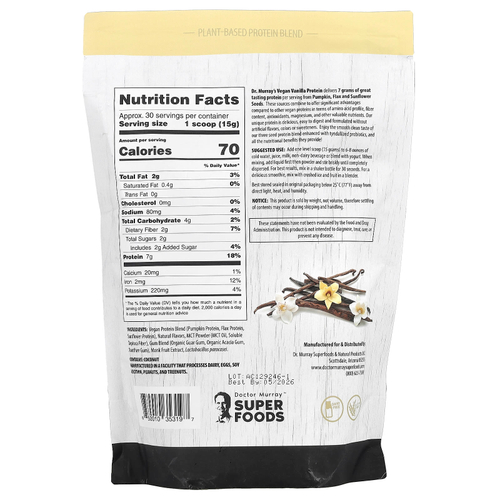Dr. Murray's, Super Foods, порошок из 3 протеинов, тыква + лен + подсолнечник, ваниль, 453,5 г (16 унций)