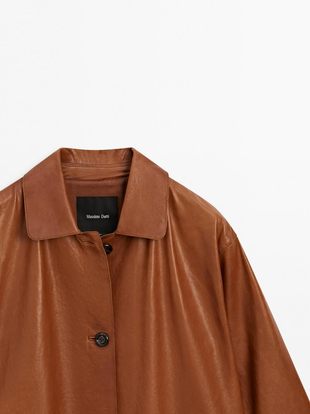 Massimo Dutti Длинное пальто из кожи наппа, цвет верблюжьей шерсти