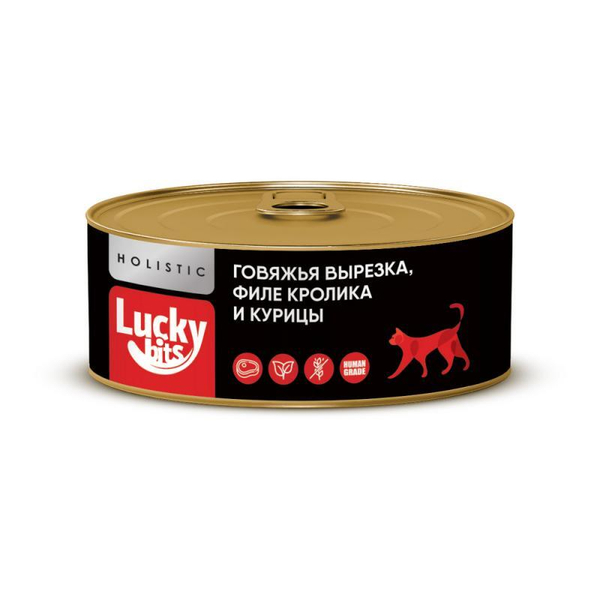Консервы Lucky bits говяжья вырезка с филе кролика и курицы, для кошек, 100 г.