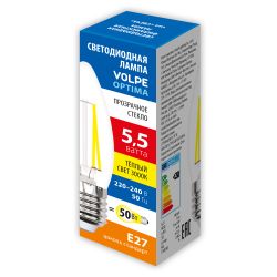 LED-C35-5.5W-3000K-E27-CL-SLF Лампа светодиодная. Форма свеча. прозрачная. Теплый белый свет 3000K. ТМ Volpe