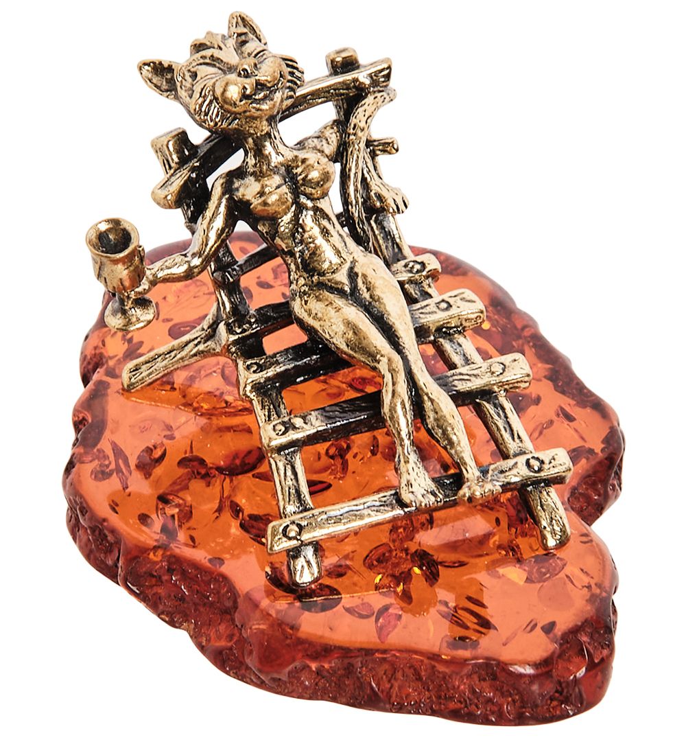 Народные промыслы AM-1487 Фигурка «Кошка - «Жизнь хороша!» (латунь, янтарь)