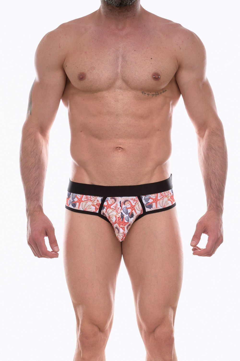 Мужские трусы-брифы с разноцветным принтом в виде ракушек (Размер: XL) (Цвет: белый)