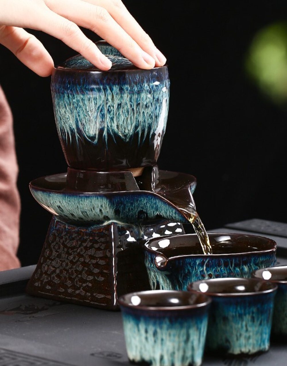 278135.5 Сервиз  Водяная мельница "Синий" чайник 220мл, жернова, сливник. 6 пиал 60мл, керамика