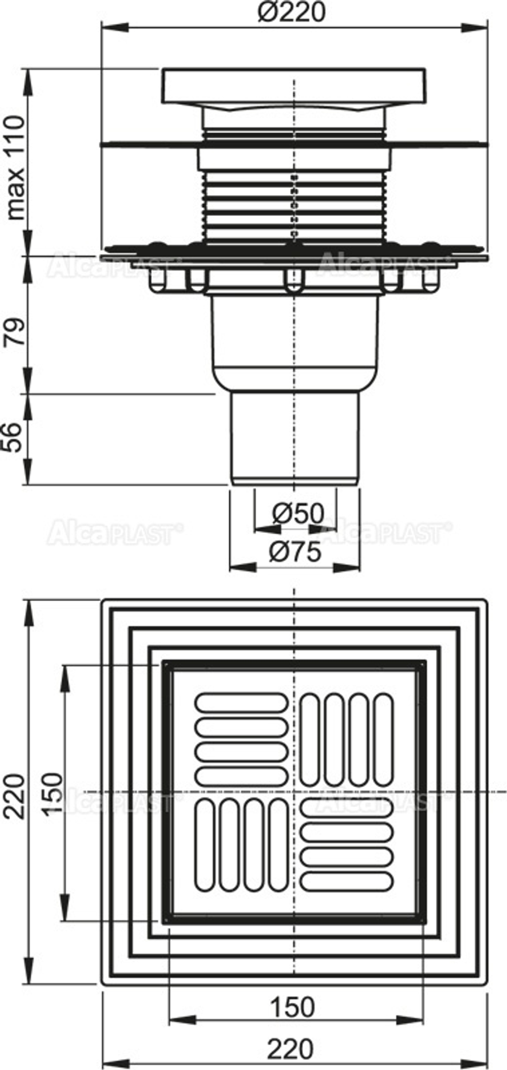 Сливной трап AlcaPlast APV4444 150 x 150/50/75