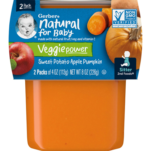 Gerber, Natural for Baby, Veggie Power, 2nd Foods®, батат, яблоко и тыква, 2 пакетика по 113 г (4 унции)