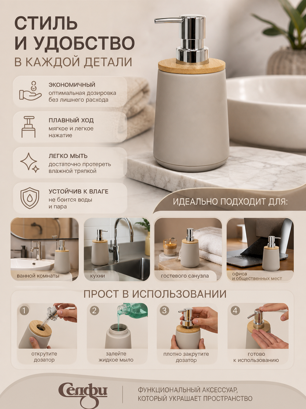 Дозатор для жидкого мыла Ариэль 350 мл бежевый