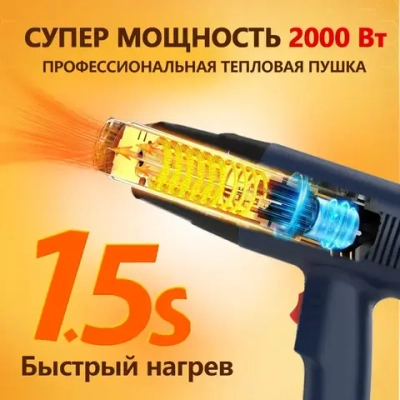 Строительный фен / Промышленный фен / Бесступенчатый термостат /2000 Вт/Ручная регулировка, 4 насадки с дисплеем(2 кВт, 250-500 л/мин, 60-600 градусов), профиссиональная серия