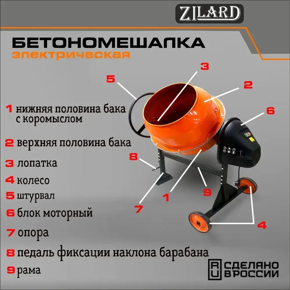 Бетономешалка ZILARD ECM-200 (750 Вт, 200л) 81599