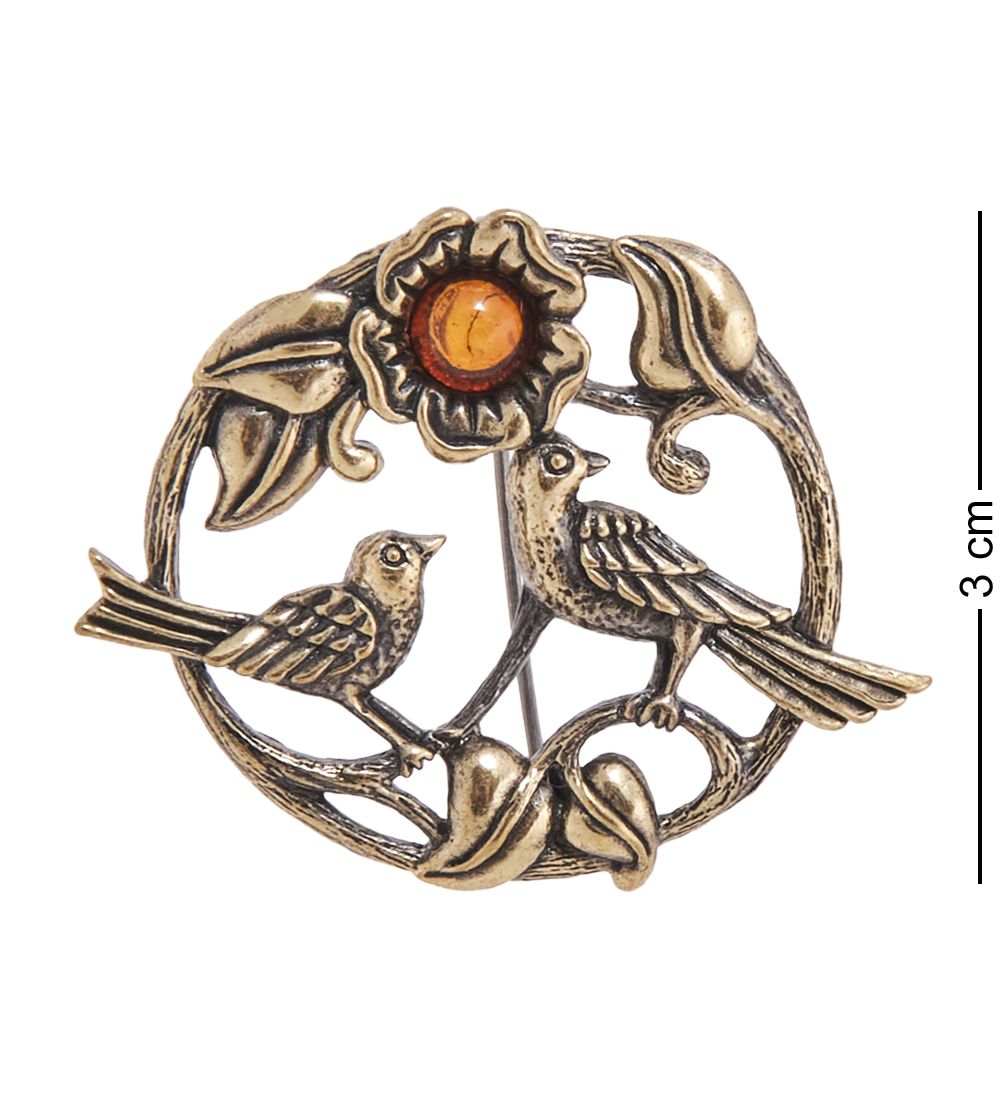 AM-4111 Брошь «Птички Сад Чудес» (латунь, янтарь)