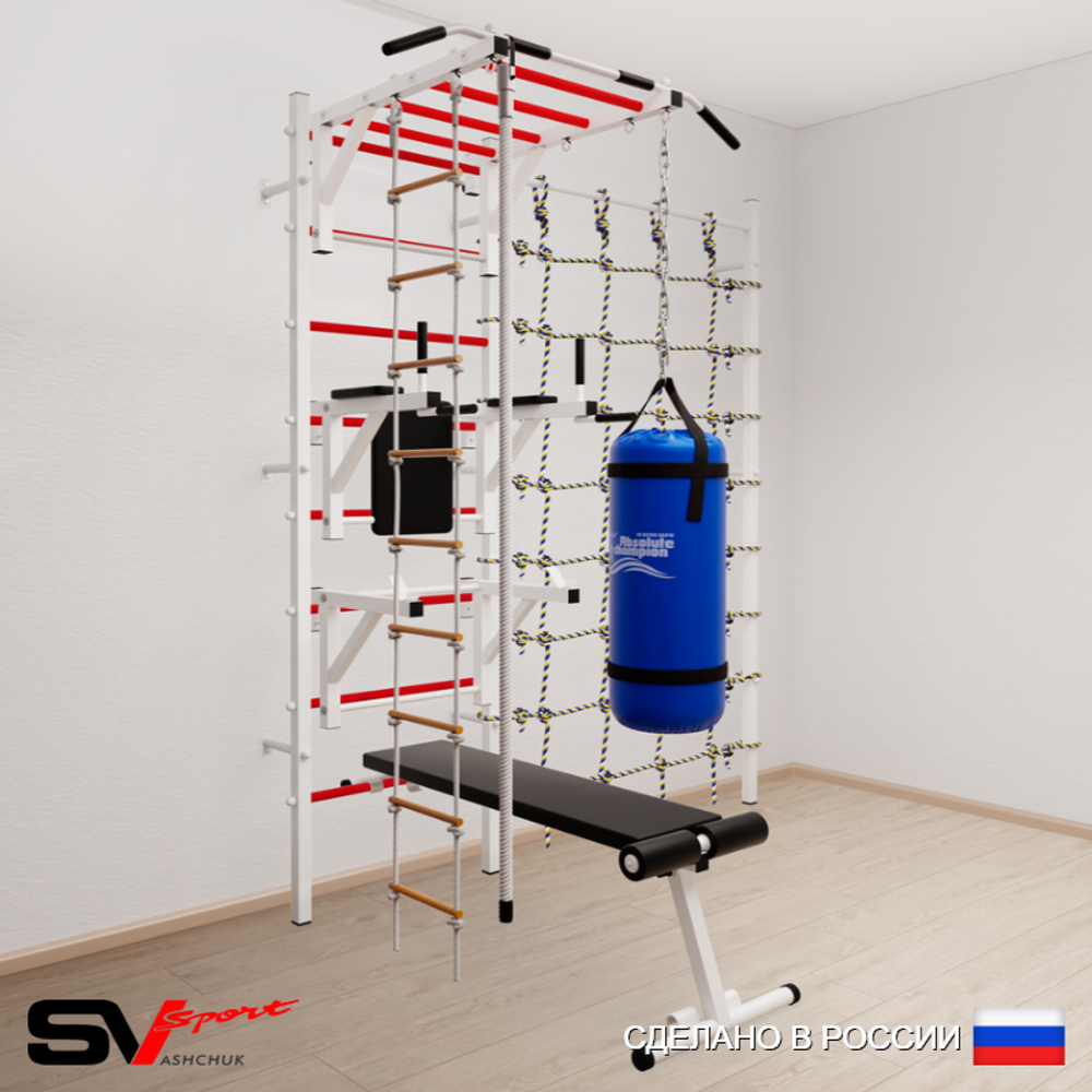 Шведская стенка Sv Sport 56510 (Турник рукоход/Брусья/Стойка/Скамья/Канат/Лестница/Цепь/Мешок 15кг/Канатный лаз)