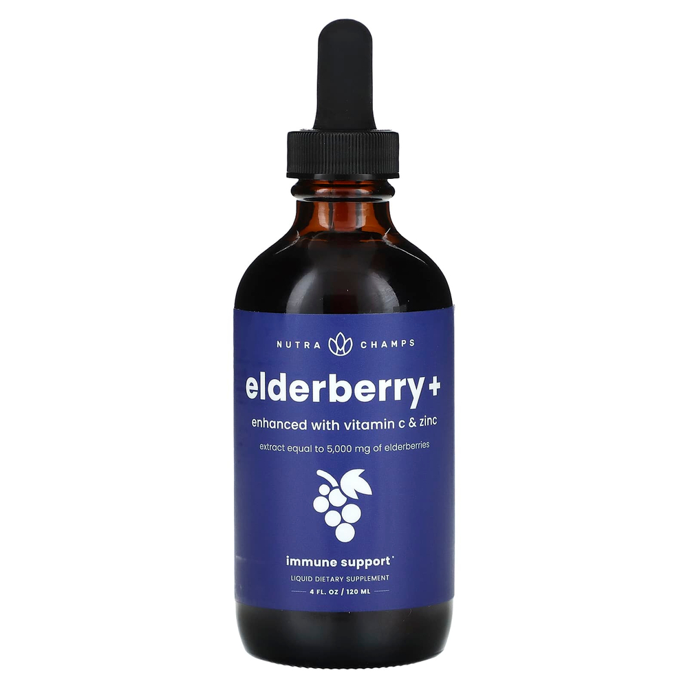 NutraChamps, Elderberry +, обогащенная витамином C и цинком, натуральные ягоды, 120 мл (4 жидк. унц.)