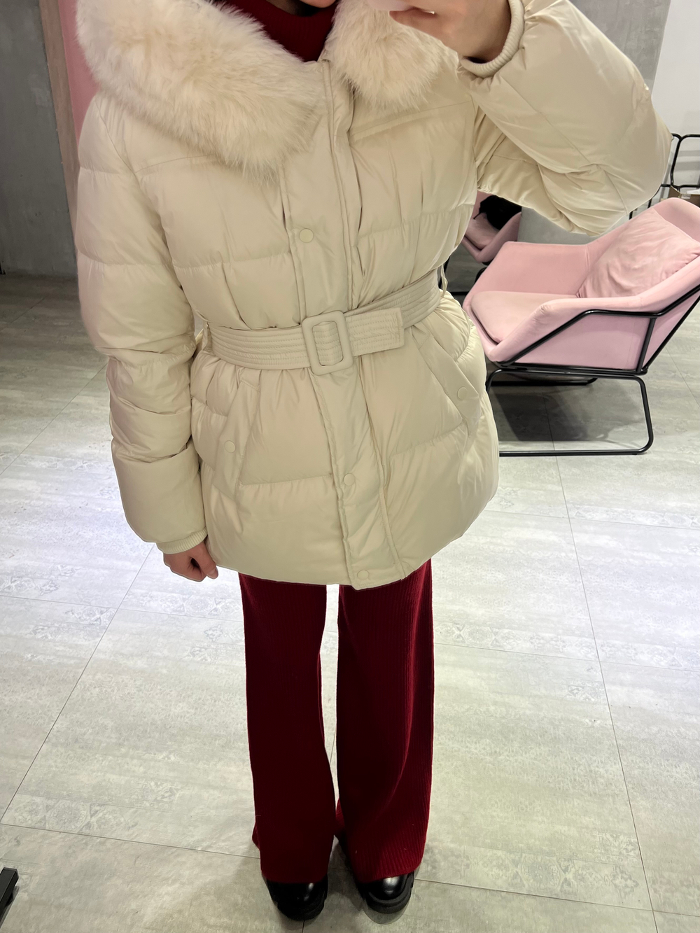 Пуховик Fresh миди с поясом молочный