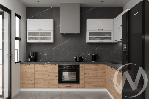 Кухня "Киото": бетон снежный/дуб артисан (корпус белый)