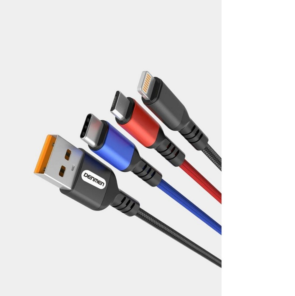 Кабель USB DENMEN D03E 3 в 1 для iPhone/Micro/Type C (черный) 1m.Без упаковки