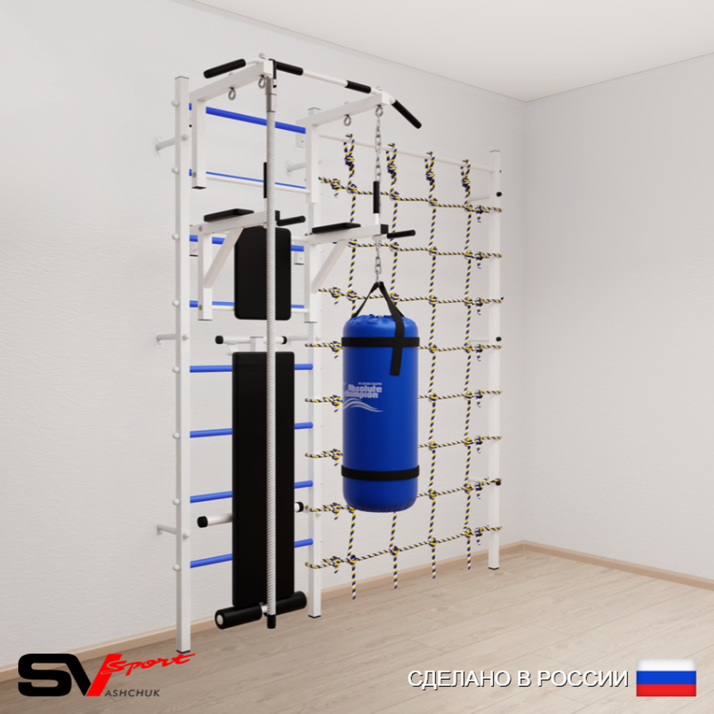 Шведская стенка Sv Sport усиленная 68030 (Турник стандарт/Брусья/Скамья/Канат/Цепь/Мешок 30кг/Канатный лаз)