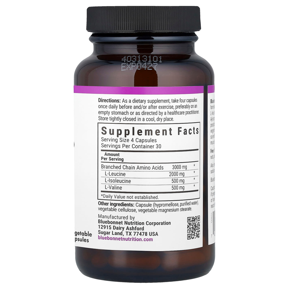 Bluebonnet Nutrition, BCAA в соотношении 4: 1: 1, 120 растительных капсул