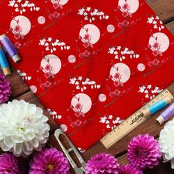 Ткань флис цветущая сакура на фоне полной луны и красного неба