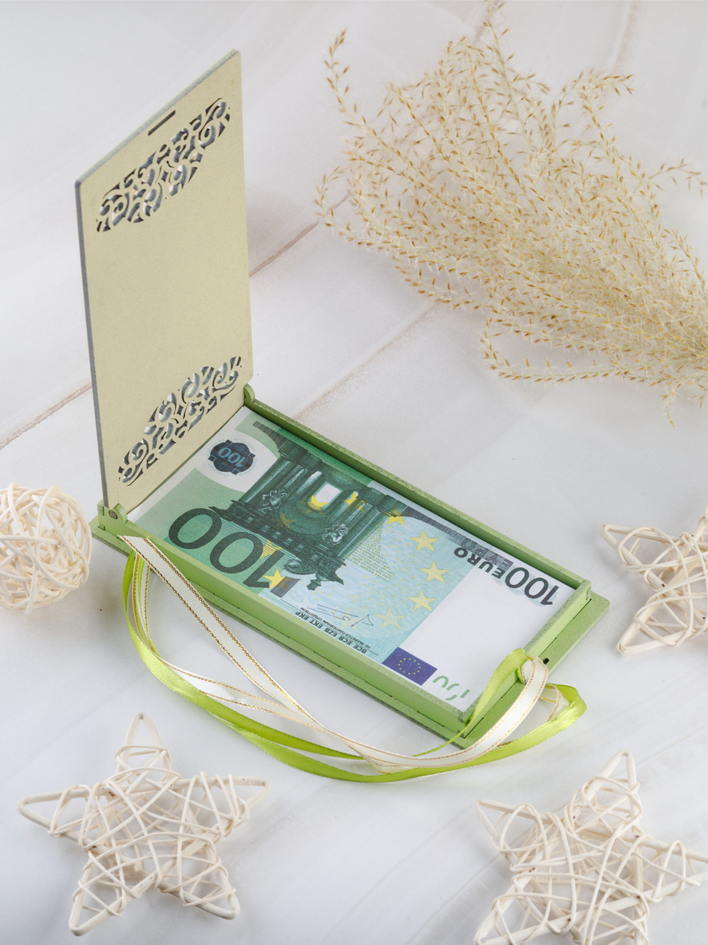 Купюрница деревянная, покраска акрил, с атласной леной, артикул КДХ-015