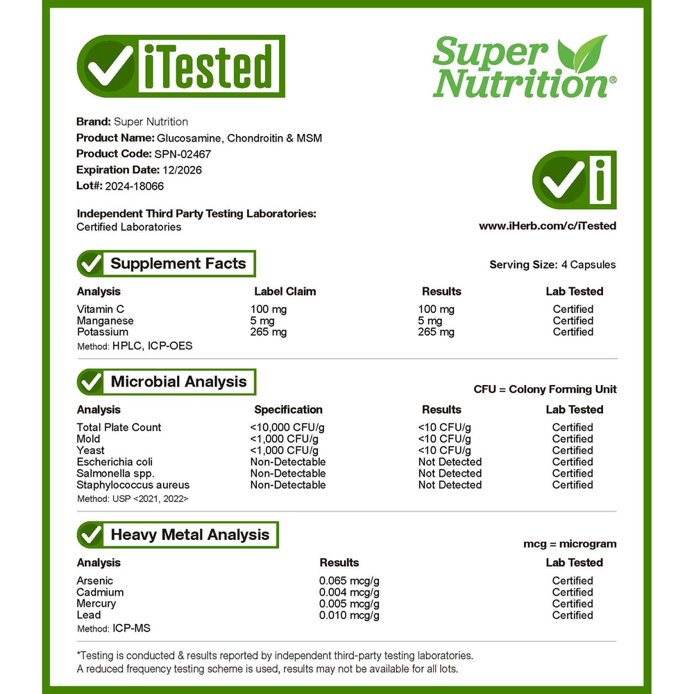 Super Nutrition, глюкозамин, хондроитин и МСМ с калием и витамином C, 240 растительных капсул