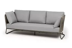 "Багамы" диван 3-местный плетеный из роупа, каркас алюминий бежево-серый (RAL7006) муар, роуп серо-коричневый 23мм, ткань светло-серая