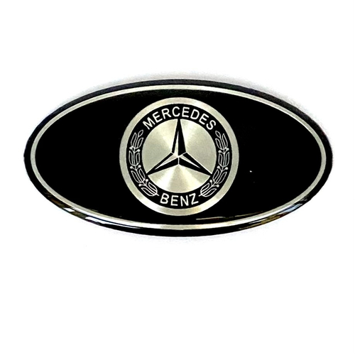 Наклейка Mercedes овальная объемная (шильдик Мерседес, 6,4х3,5см). Черная с серебристой надписью