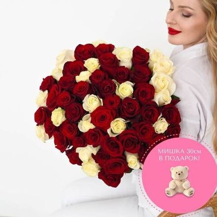 101 Роза красно-белая Эквадор 60см.