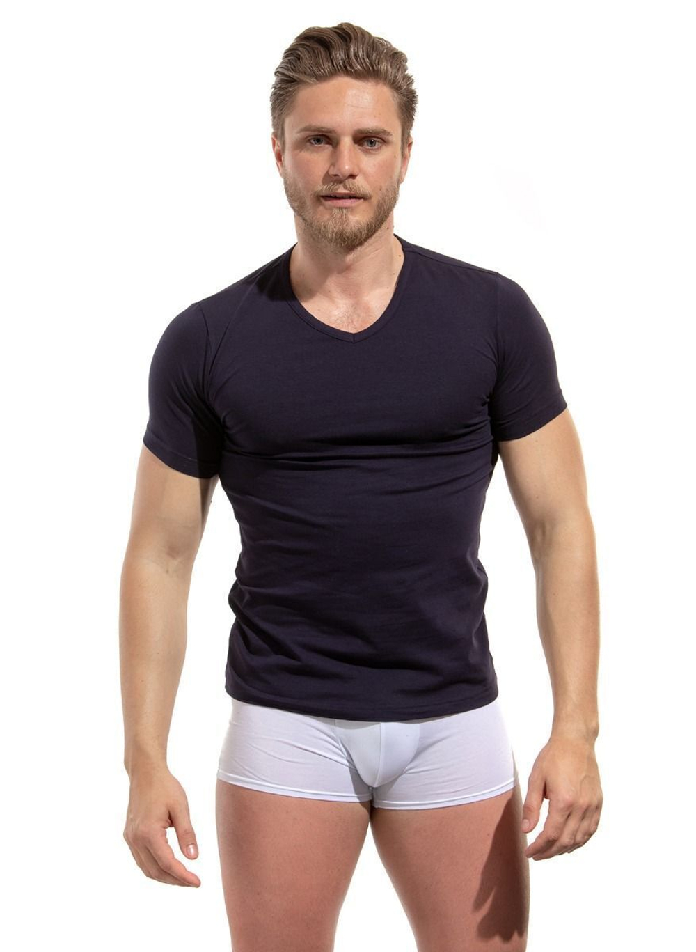 Мужская хлопковая футболка с V-образным вырезом горловины (Размер: XXL) (Цвет: темно-синий)