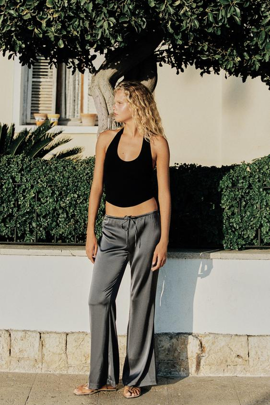 ZARA АТЛАСНЫЕ БРЮКИ НА ШНУРКЕ, ЦЕМЕНТНЫЙ