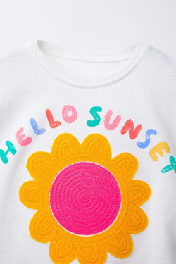 ZARA ФУТБОЛКА С АППЛИКАЦИЕЙ «СОЛНЦЕ» И НАДПИСЬЮ, НЕОНОВО-РОЗОВЫЙ