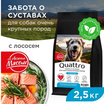 Корм сухой для взрослых собак очень крупных пород, премиум полнорационный комплекс, забота о суставах, с лососем, 2,5 кг, QUATTRO