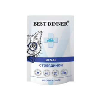 Влажный корм для кошек при почечной недостаточности Best Dinner Vet Profi Renal говядина кусочки в соусе, 85 гр. 24 упаковки