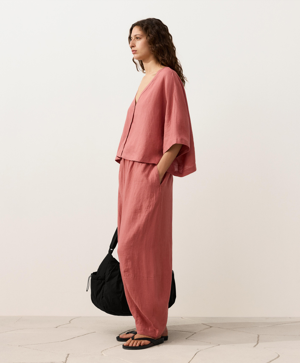 Oysho Рубашка с коротким рукавом из 100% льна, коралловый