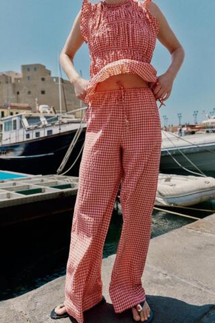 ZARA ШИРОКИЕ БРЮКИ В КЛЕТКУ ВИШИ, БЕЛЫЙ/КРАСНЫЙ
