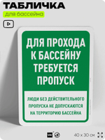 Табличка для бассейна "Для прохода к бассейну требуется пропуск", на пляж, для общественной и частной зоны отдыха, информационная, 40х30 см, Silver Plane x Айдентика Технолоджи