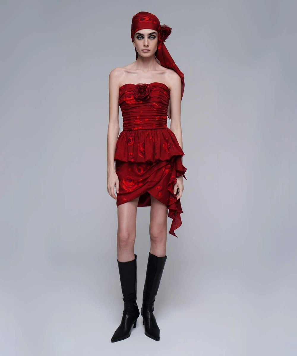 Rosalie, топ корсетный из бордового шифона с крупными красными цветами