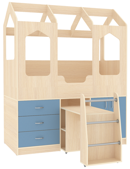 Кровать-чердак КарИВи Домик Сказка с выдвижным столом ДС-14  Дуб Молочный Светло-синий, голубой