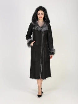 Дубленка зимняя натуральная с капюшоном длинная