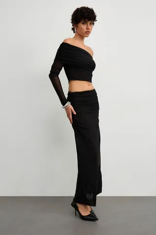 Юбка макси из сетки стрейч черного цвета