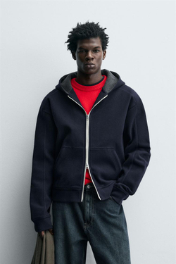 ZARA ФЕТРОВОЕ ХУДИ С КАПЮШОНОМ, МОРСКОЙ СИНИЙ