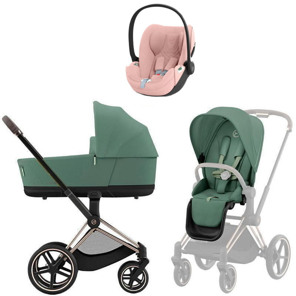 Коляска Cybex Priam IV Rosegold complete Cloud T Peach Pink Plus Base T 3 в 1 Leaf Green