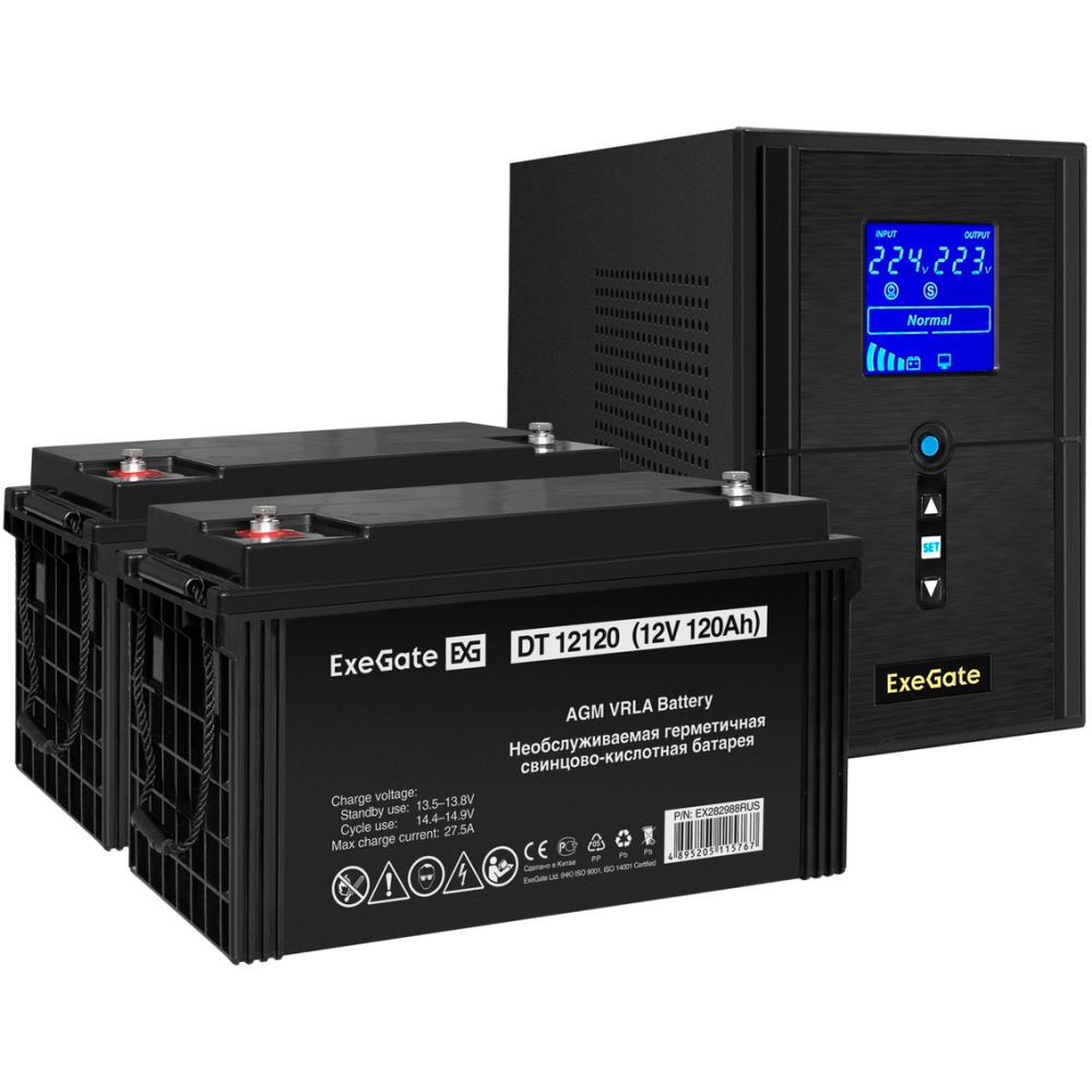 ИБП + батарея ExeGate SineTower SZ-1500.LCD.AVR.2SH.1C13.USB + 2x DT 12120 (120Ач)