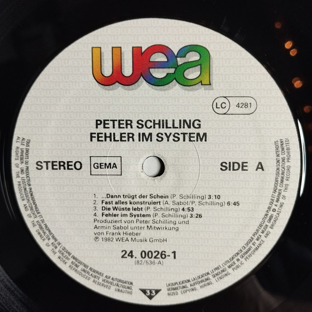 Винтажная виниловая пластинка LP Peter Schilling Fehler Im System (Germany 1982)