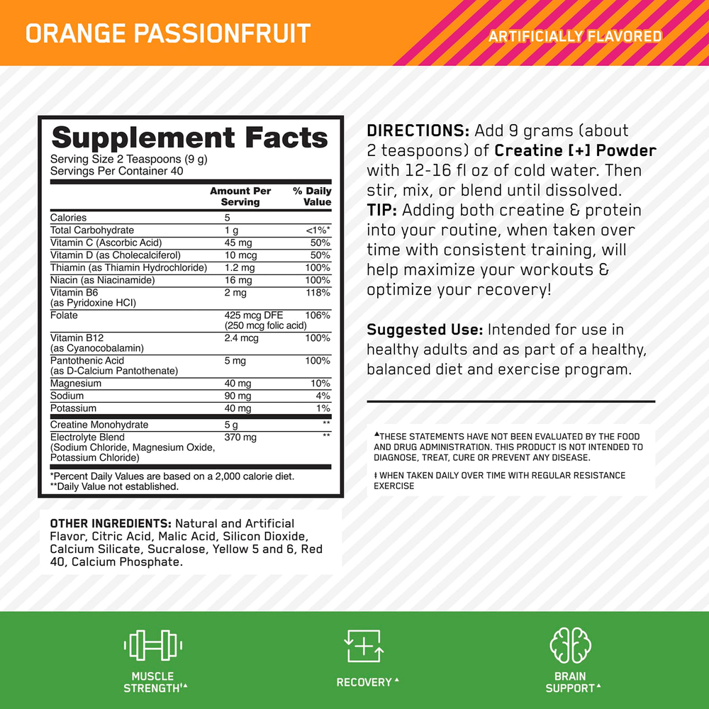 Optimum Nutrition, Creatine +, апельсин и маракуйя, 360 г (12,69 унции)