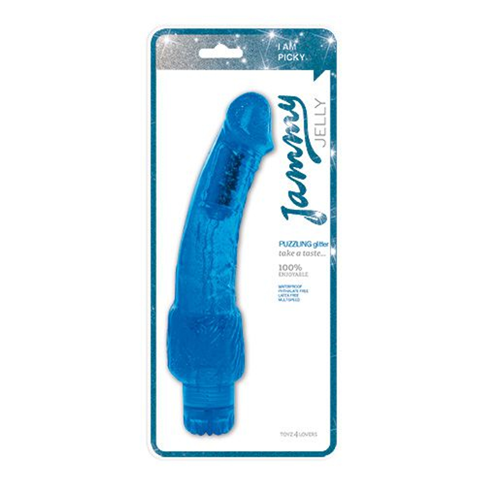 Синий вибратор-реалистик с блёстками JAMMY JELLY PUZZLING GLITTER - 24 см. (Цвет: синий)