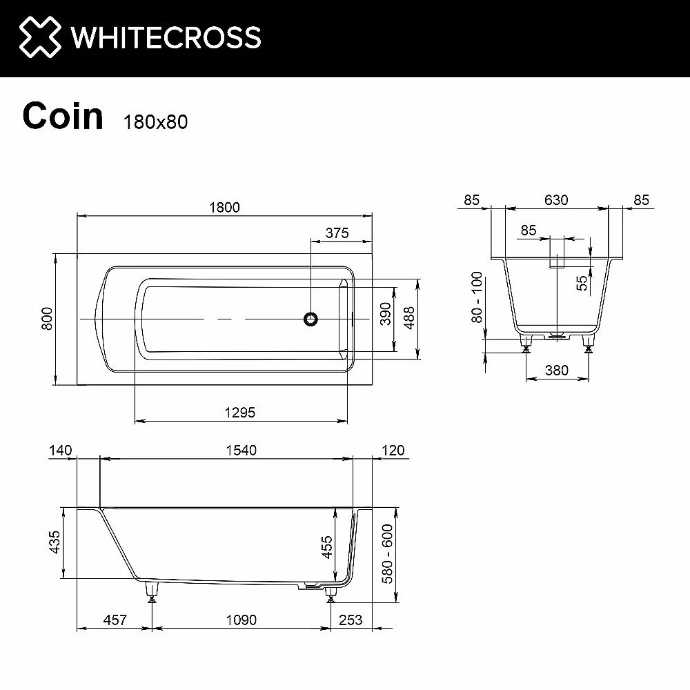Ванна из искусственного камня WhiteCross Coin 180x80 0224.180080.200 белая матовая