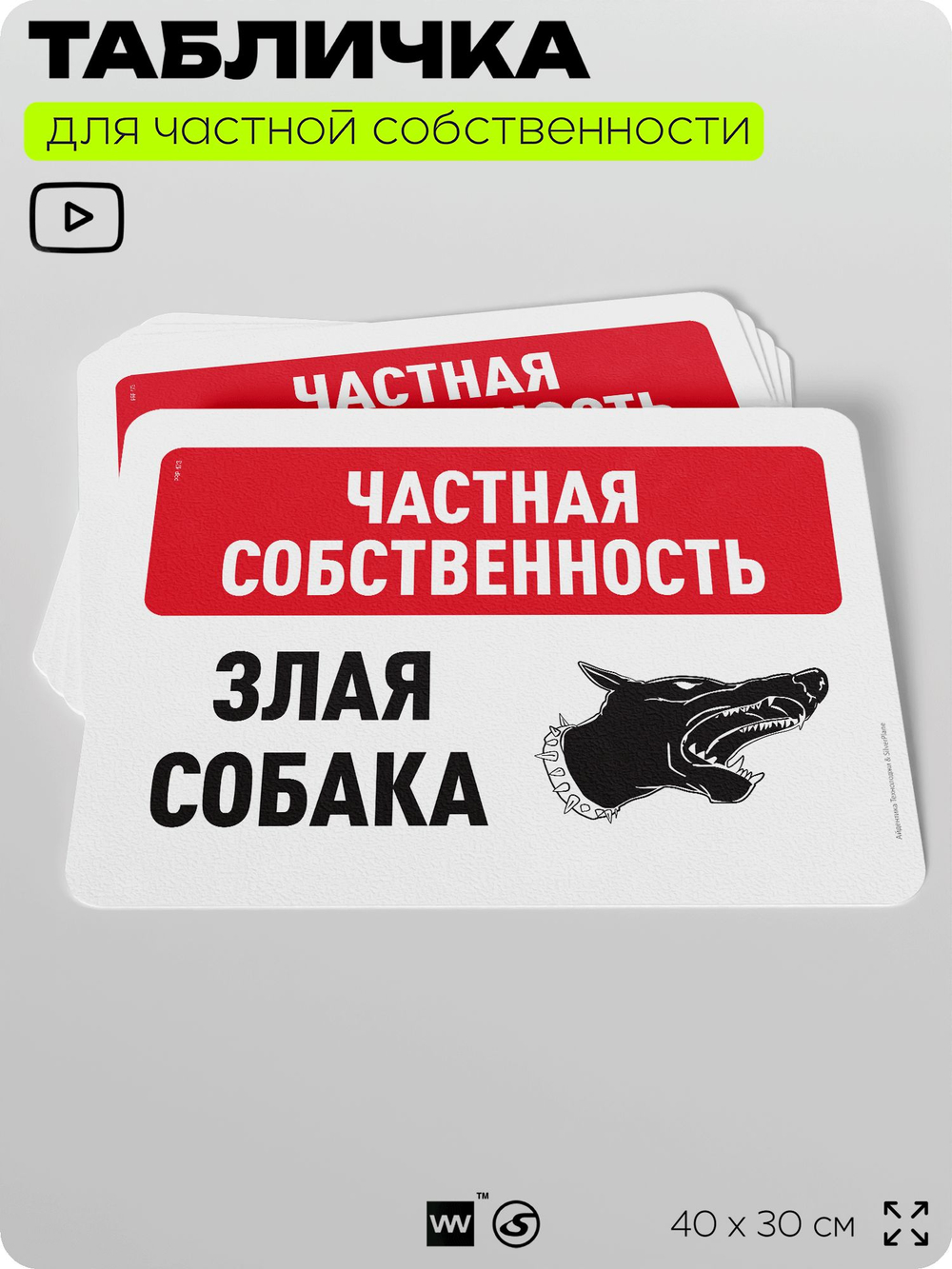Табличка для частной территории "Частная собственность, злая собака", на дом, для участка, организаций, предупреждающая, 40х30 см, Silver Plane x Айдентика Технолоджи